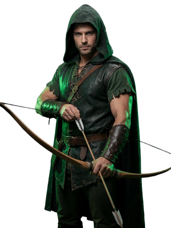 Robin Hood Outlaw-Maskottchen von WildRobin Casino mit Bogen und Pfeil im Abenteuer-Look