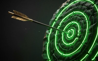 Gl&uuml;hendes gr&uuml;nes Zielscheibe mit goldenem Pfeil im Bullseye f&uuml;r Quoten-Boosts bei WildRobin Casino