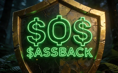 Goldenes Cashback-Schild mit gr&uuml;nem Neonschein im Wald-Setting von WildRobin Casino